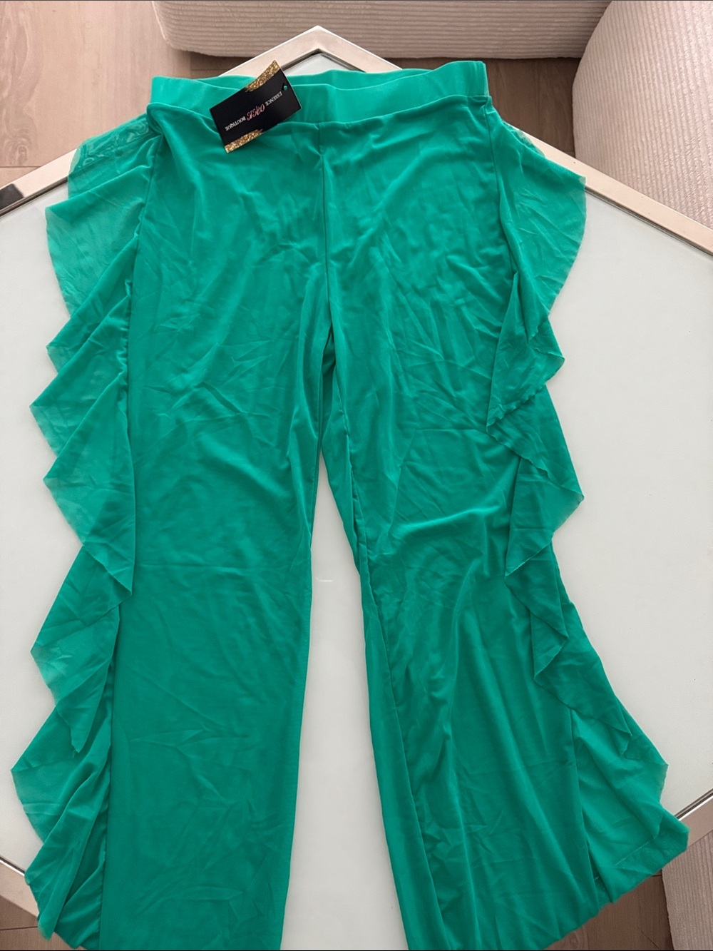 Zara Emerald Green Wide-Leg Pants with Side Ruffles